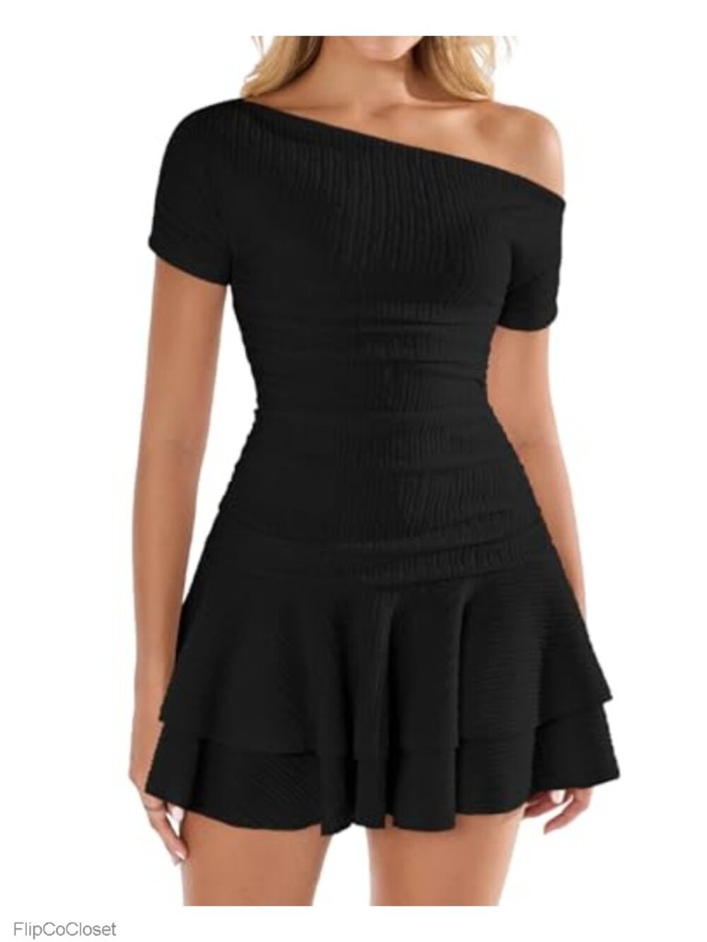 Off Shoulder Ruched Bodycon Mini Dress with Ruffle Hem for Women